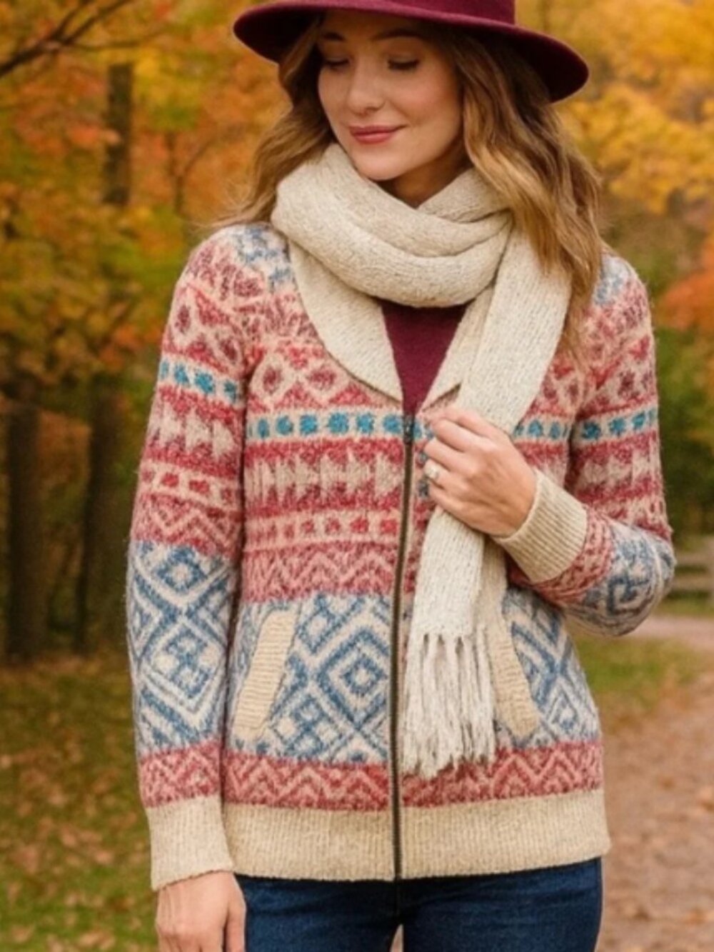 Cabi Highlands Geometric Boho Fair Isle Zip Front Cardigan Cabincore